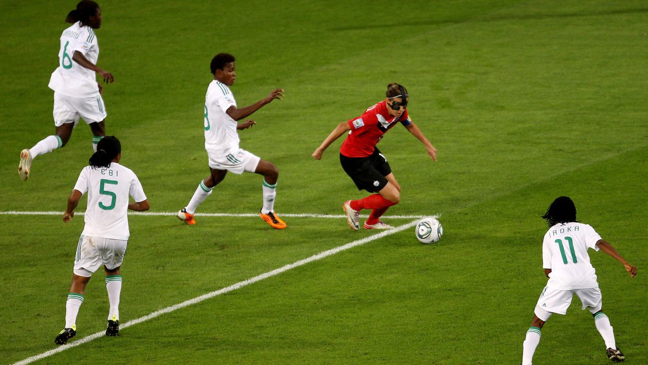 DRESDEN, GERMANY - JULY 05:  Christine Sinclair of Canada in action during the FIFA Women's World Cup 2011 Group A match between Canada and Nigeria at the Rudolf-Harbig Stadium on July 5, 2011 in Dresden, Germany.  (Photo by Scott Heavey/Getty Images)