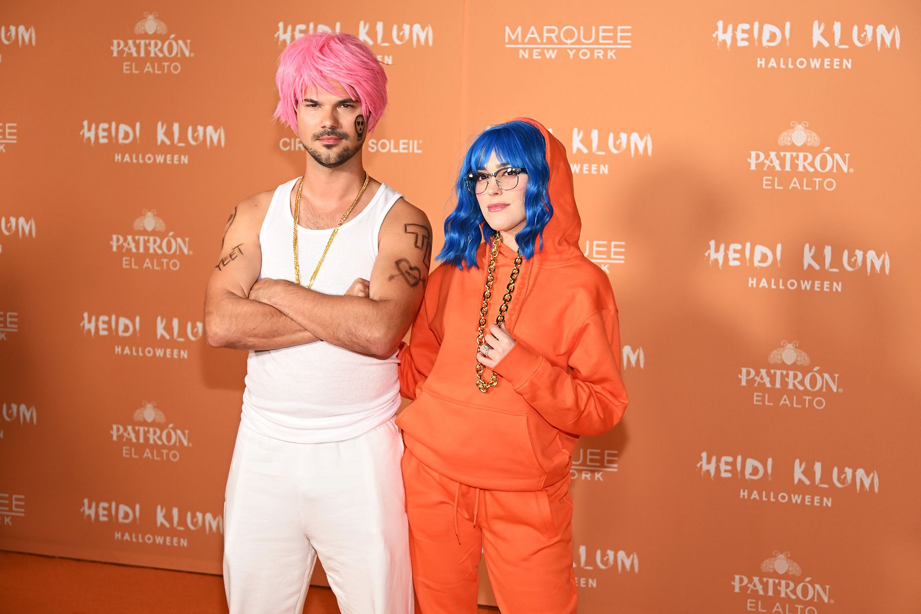 Taylor Lautner and Taylor Dome dressed as Timothée Chalamet and Pete Davidson from their 2020 